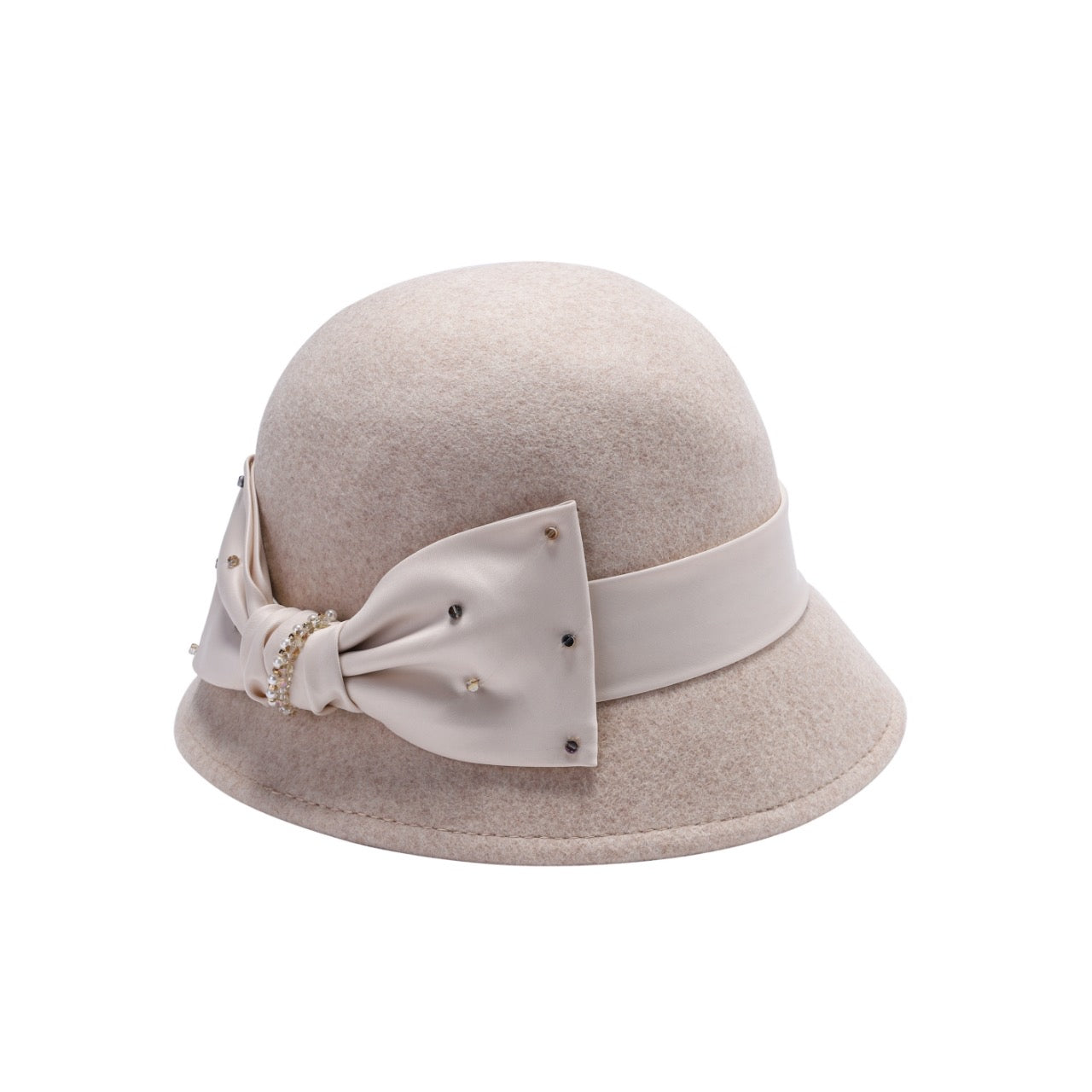 Ladies Vintage Pearl Embellished Wool Cloche Hats - Beige