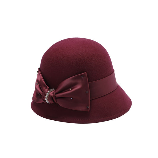 Ladies Vintage Pearl Embellished Wool Cloche Hats - Claret