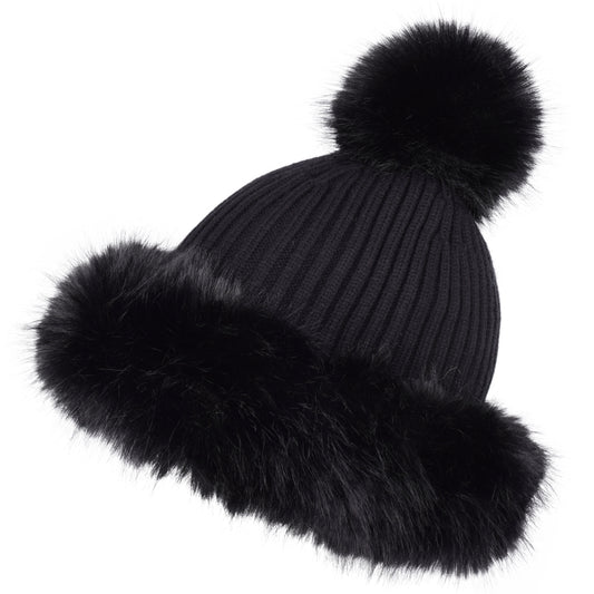 Luxury Ribbed Pompom Hat with Fur Trim - Fur Lined