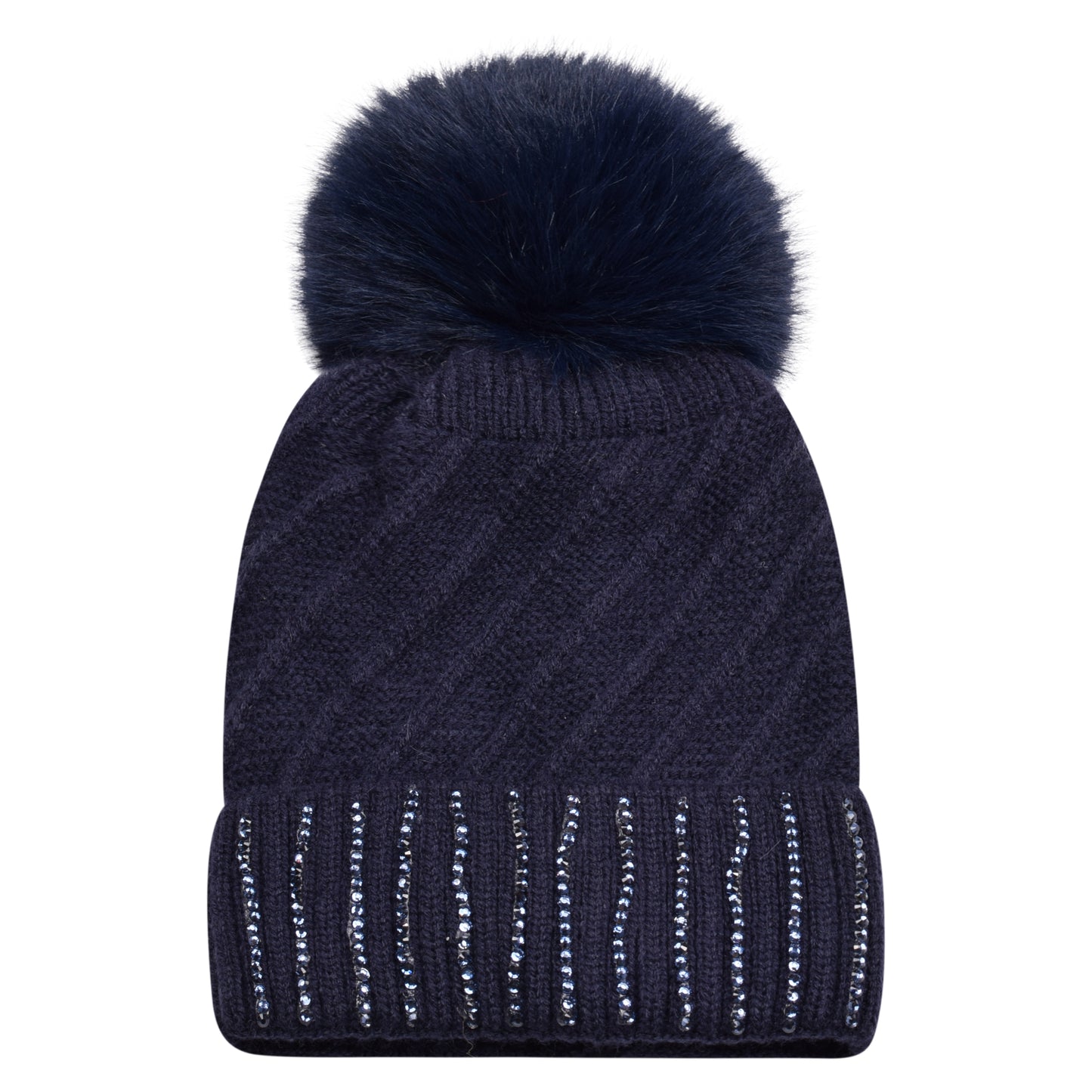 Knitted Diamante Pompom Hats - Luxury Turn up