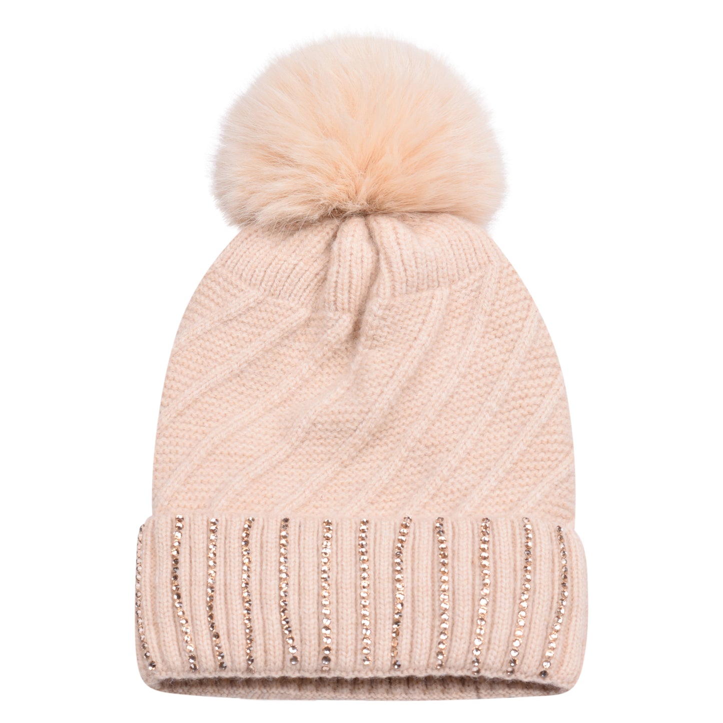 Knitted Diamante Pompom Hats - Luxury Turn up