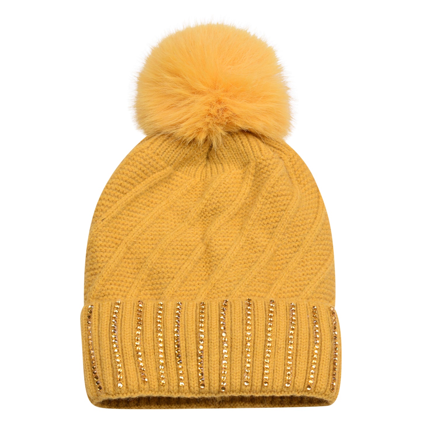 Knitted Diamante Pompom Hats - Luxury Turn up