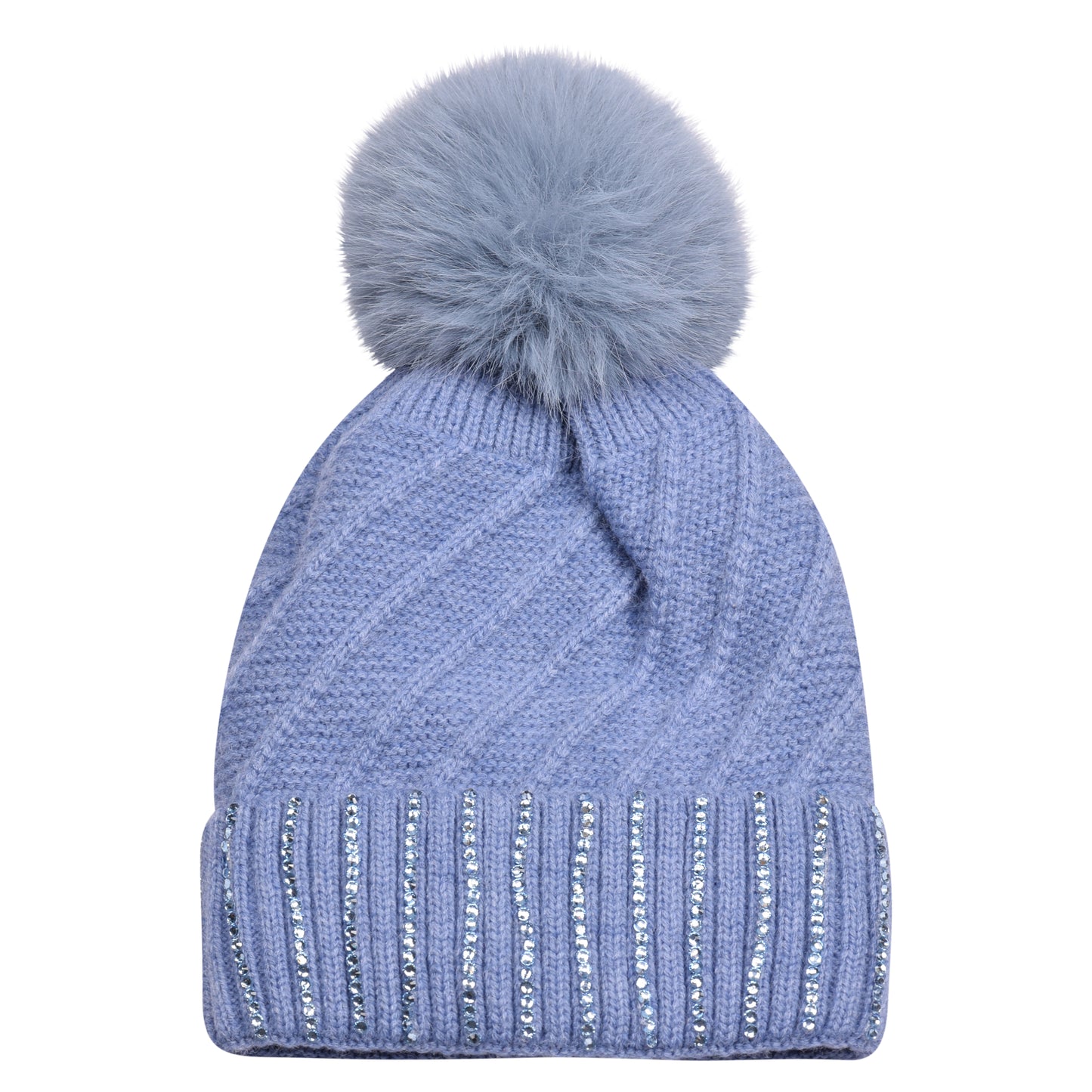 Knitted Diamante Pompom Hats - Luxury Turn up