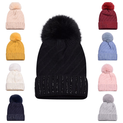 Knitted Diamante Pompom Hats - Luxury Turn up