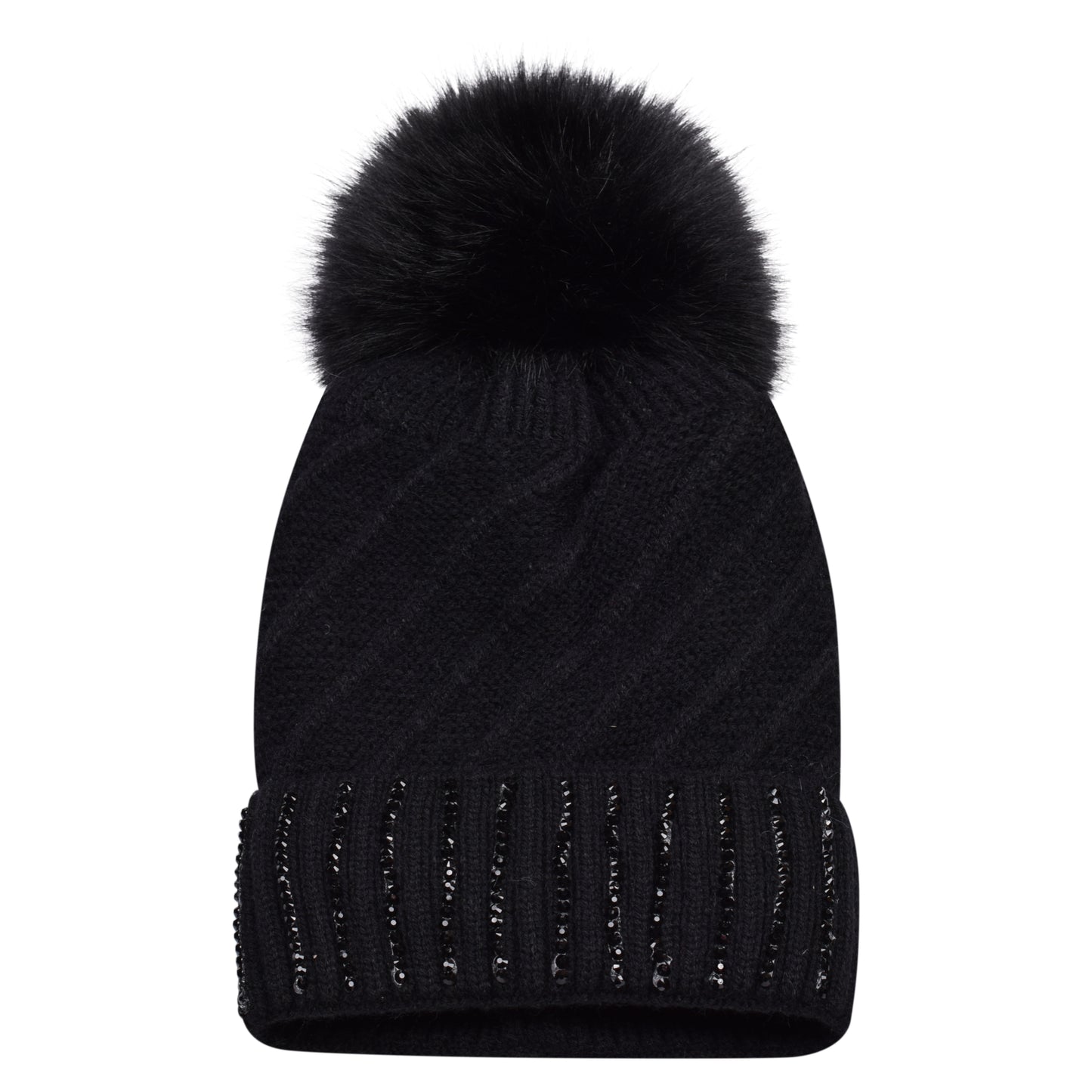 Knitted Diamante Pompom Hats - Luxury Turn up