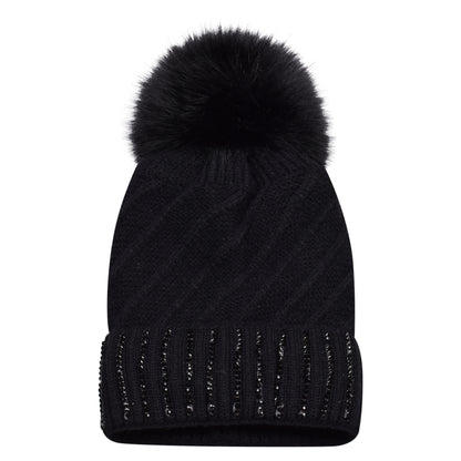 Knitted Diamante Pompom Hats - Luxury Turn up